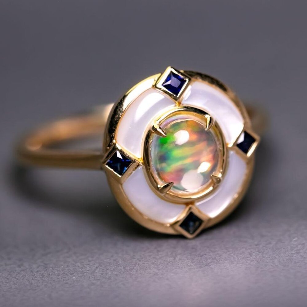 Art Deco Style Mexican Fire Opal Sapphire Engagement Ring 18K Yellow Gold